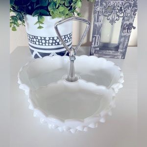 Vintage Fenton Hobnail 3 Section Divided Relish Candy Dish Chrome handle Milk